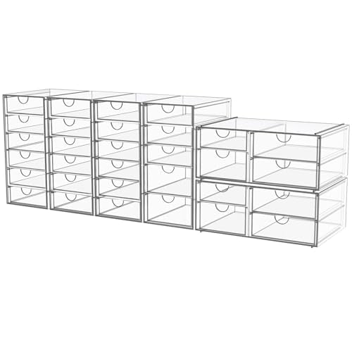YFXCVSL 6-Pack Acrylic 31-Drawer Storage & Makeup Organizer for Desk | Smooth-glide drawers, clear acrylic, stackable, dustproof, wipe-clean, for makeup palettes, lipsticks, blushes, cotton pads - size: 31 Drawers