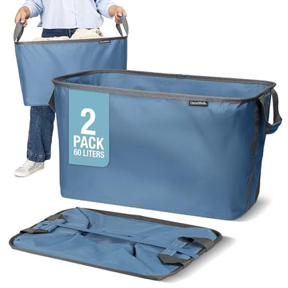 CleverMade Collapsible Laundry Basket, 60L Pop-Up Hamper, 2 Pack, Denim | Clear Floor Space Between Laundry Days | Each Basket Holds 55 lb, Stays Upright While Loading, and Folds to 1.25 Inches - color: Denim Gray