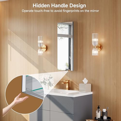 12" x 30" Bathroom Medicine Cabinet with Mirror, Recessed or Wall Mount | Medicine Cabinets with Adjustable Glass Shelves, Soft-Closed Hinge, Chrome Aluminum Frame, Reverse Installation - size: 12" x 30"