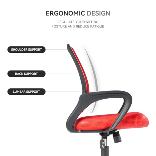 Office Chair, Ergonomic Mid-Back Mesh Desk Chair with Lumbar Support, Adjustable Height Computer Chair with Rolling Wheels Design,Comfy Armrest for Work, Study, Gaming, Red - color: Red