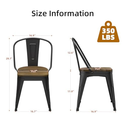 18 Inch Dining Chairs Set of 4, Farmhouse Metal Chairs with High Back and Wooden Seat, Stackable Industrial Bar stools for Dining Room(Black) - color: Black