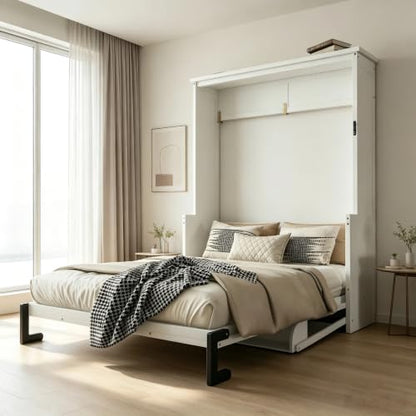 SOFTSEA Queen Size Murphy Wall Bed Frame with Desk, White | Space-Saving Hidden Wall Bed with Desk, Gas Struts, Vertical Murphy Bed Cabinet for Guest Room Home Office - color: White Black