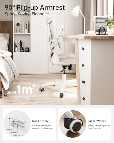 Office Chair, PU Leather Ergonomic Desk Chair with Adjustable Lumbar Support and Flip up Armrest, Breathable Mesh Computer Chair for Home Office, Khaki - color: Cream Khaki (Pu Leather Seat)