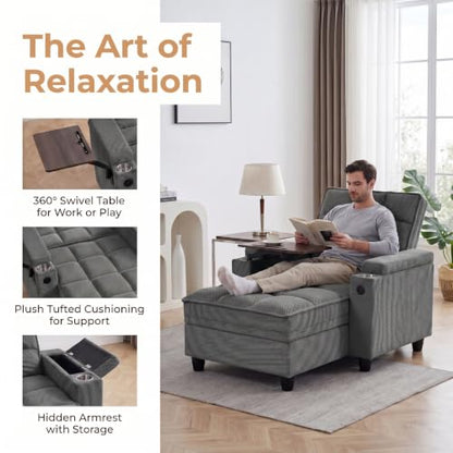 Convertible Sleeper Chair, Pull Out Sofa Bed with Adjustable Backrest & Hidden Storage Armrest, Single Sofa Recliner with USB Charging Port & Cup Holders for Living Room, Bedroom, Dark Gray - color: C-dark Gray-eb