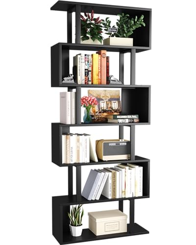 Yusong Geometric Bookcase, S Shaped Bookshelf 6-Tier Book Shelves for Bedroom, Modern Wood Decorative Display Shelf Tall Book Case for Home Office, Black and White - color: Black and Black, size: 27.8"W x 9.3"D x 74"H