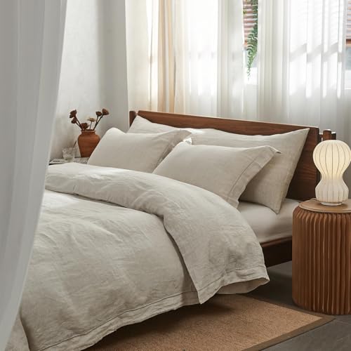 Simple&Opulence 100% Washed Linen Duvet Cover Set with Embroidered,3 Pieces Soft Farmhouse Comforter Set with Button Closure,1 Duvet Cover and 2 Pillowshams(Full,Natural Linen) - color: Embroidery Linen, size: Full