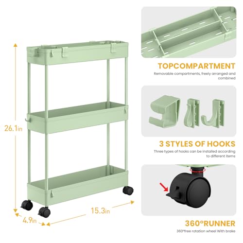 Slim Storage Cart 3 Tier,Bathroom Organizer Rolling Utility,Mobile Shelving Unit Slide Out for Office, Kitchen, Laundry Room & Narrow Places，Green - color: Green