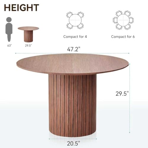 47" Round Dining Table for 4, Farmhouse Kitchen Table [Chamfered Edge Tabletop] Circle Pedestal Dinner Table, φ47.2"x29.5"H, Brown - color: Basic Brown 47