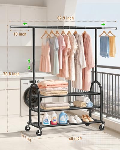 Heavy Duty Clothes Rack for Hanging Clothes Load 688 LBS, Height Adjustable Rolling Clothing Racks, Portable Metal Coat Rack Garment Wardrobe with Wheels and 3 Shelves for Bedroom, Black - color: Black, style: 3 Shelves