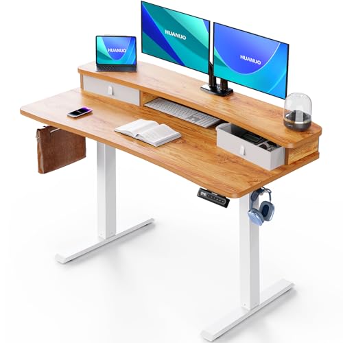 HUANUO 48″ x 24″ Electric Standing Desk with 2 Drawers, C-Clamp Mount Compatible, Height Adjustable Computer Desk, Home Office Stand Up Desk with 4 Preset Heights & 2 Hooks, Light Vintage - color: Light Vintage, size: 48" X 24"