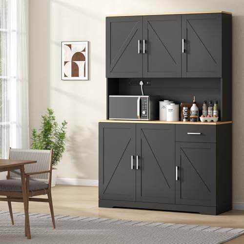 Gyfimoie 71’’ Farmhouse Kitchen Pantry Cabinet, Tall Storage Cabinet with Power Outlet, Freestanding Hutch with Drawer, 4 Adjustable Shelf & 6 Doors for Kitchen Living Room (Black) - color: Black