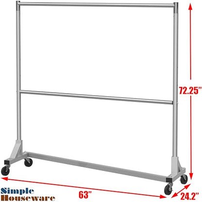 Simple Houseware Commercial Grade Z-Base Double Rod Garment Rack, Silver | 600Lb Load with 63" Extra Long Bar, Adjustable Middle Bar