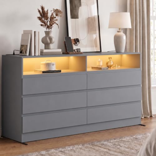 Gyfimoie Grey 6-Drawer Dresser for Bedroom w/Power Outlet and LED Light | Modern Double Dresser with 2 Open Cubbies, Spacious Chest of Drawers, and TV Stand Function for Living Room - color: Grey, size: 19.4"D x 47.3"W x 31.2"H (6 Drawers)