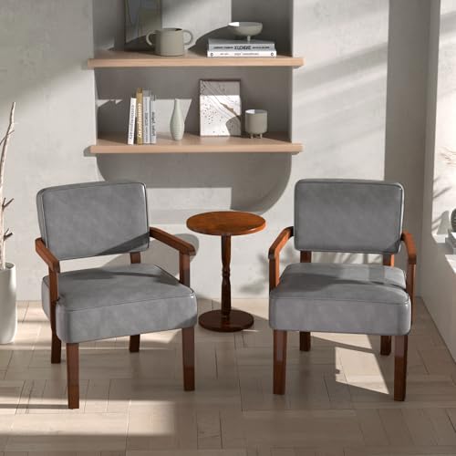 Accent Chairs Set of 2, 2 Solid Wood Armchairs with Side Table | Faux Leather Chair with Soft Thicken Cushion, Comfy Reading Chair for Bedroom, Waiting Room, Home Office, Easy Assembly - color: Faux Leather Gray, size: Set of 2 with table