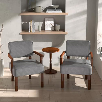 Accent Chairs Set of 2, 2 Solid Wood Armchairs with Side Table | Faux Leather Chair with Soft Thicken Cushion, Comfy Reading Chair for Bedroom, Waiting Room, Home Office, Easy Assembly - color: Faux Leather Gray, size: Set of 2 with table