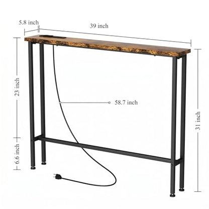 GRLEAF 39 Inch Narrow Sofa Table with Power Outlet, Extra Long Console Table Behind Couch Table with Charging Station, Skinny Entryway Table Thin Table for Living Room, Narrow Spaces (Rustic Brown)