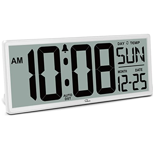 14.5'' Large Digital Wall Clock Battery Operated | Jumbo Numbers, Temperature and Date, Easy to Read and Set, Auto DST, Large Display for Garage, Office, Classroom - color: White