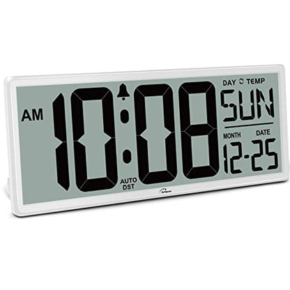 14.5'' Large Digital Wall Clock Battery Operated | Jumbo Numbers, Temperature and Date, Easy to Read and Set, Auto DST, Large Display for Garage, Office, Classroom - color: White