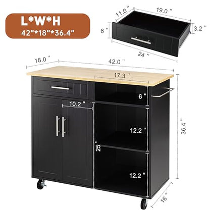 Kitchen Island Cart on Wheels with Storage Cabinet & Drawer, 42" Multifunction Kitchen Cart Cabinet with Shelves, Cart Handle for Towel Rack or Free Mobility,Black - size: 42-IN