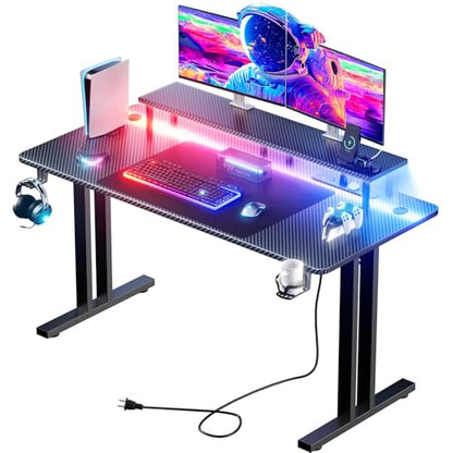 HLDIRECT 55 Inch Gaming Desk with LED Lights & Cable Management, Black | Ergonomic carbon fiber gaming computer desk with 5 sockets, monitor stand, cup holder, headphone hook & mouse pad for gamers - size: 55INCH