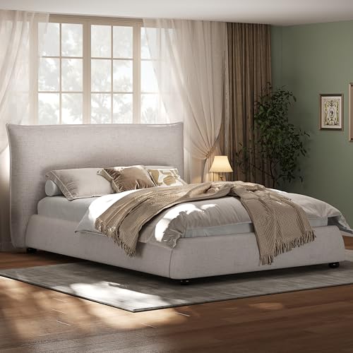 DNYN Upholstered Platform Bed Frame with Thick Pillow-Back Headboard | Linen Fabric Bed| Low-profile Design| No Box Spring Needed| Wooden Slats Support| Easy Assemble| Twin Size - size: Twin