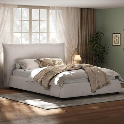 DNYN Upholstered Platform Bed Frame with Thick Pillow-Back Headboard | Linen Fabric Bed| Low-profile Design| No Box Spring Needed| Wooden Slats Support| Easy Assemble| Twin Size - size: Twin