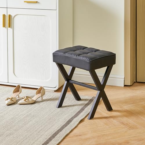 IBUYKE Square Makeup Stool with X-Leg, PU Vanity Chair, Black LG-71B | Footrest Ottoman Seat Multi-Use Small Side Table Bedroom Living Room - color: Black, size: 17.72"-Leather