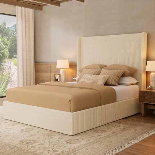 Full Bed Frame with Lift Up Storage, 51.2" Tall Headboard and Upholstered Wingback Bed Frame, Hydraulic Support, No Box Spring Needed, Beige Corduroy - size: Full (U.S.Standard)