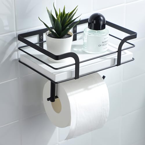 Toilet Paper Holder with Shelf - Toilet Roll Holder Modern Decor for Bathroom, White Wooden Shelf Without Drilling&Wall Mounted - color: White-002w