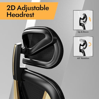 Ergonomic Mesh Office Chair - 3D Adjustable Lumbar Support & 3D Armrests, V-Shaped Back, Adjustable Desk Chair for Office & Home, Black and Gold - color: Black+gold