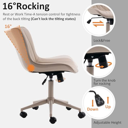 YOUTASTE All Cream Office Chair, Modern Armless Desk Chair with Back, Adjustable Swivel Rolling Faux Leather Task Chair with Wheels Metal Base for Home Office, Study, or Vanity - color: All Cream