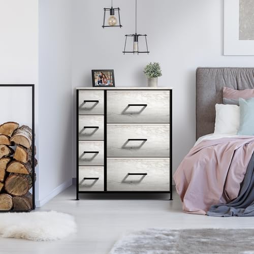 Sorbus Dresser with 7 Faux Wood Drawers - Storage Unit Organizer Chest for Clothes - Bedroom, Hallway, Living Room, Closet, & Dorm Furniture - Steel Frame, Wood Top, & Easy Pull Fabric Bins - color: Greige, size: 11.9"D x 31.5"W x 27.6"H (7 Drawers)