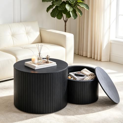Round Nesting Coffee Table Set of 2, Wood Side Tables with Storage | Fluted Walnut Accent and End Tables Sets, Mid Century Modern, Living room, bedroom, office, small spaces, Black - color: Black With Storage