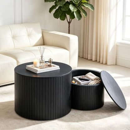 Round Nesting Coffee Table Set of 2, Wood Side Tables with Storage | Fluted Walnut Accent and End Tables Sets, Mid Century Modern, Living room, bedroom, office, small spaces, Black - color: Black With Storage