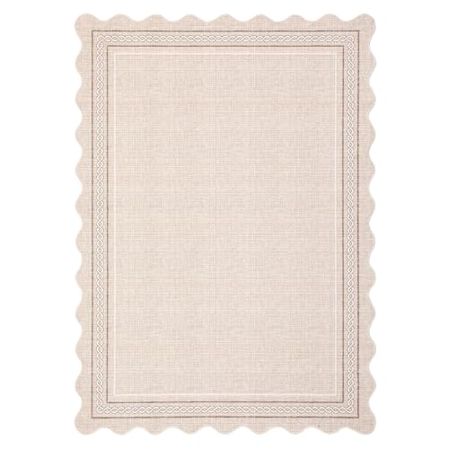 GarveeHome Scalloped Washable Round Rugs Non-Slip Soft Round Rug 4ft, Beige | Small Boho Circle Ultra-Thin, Stain Resistant Low Pile Carpet for Entryway Kitchen Bedroom Nursery Bathroom - color: Beige, size: 4' (Round)