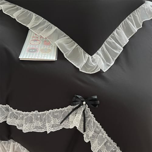 MOOWOO Lace Ruffled Bedding Setwith Cute Bowtie-3PC(1 Full Duvet Cover 80x90 Inch, 2 Pillowcases) Aesthetic, Black Goth Bedding for All Season - color: Black, size: Full