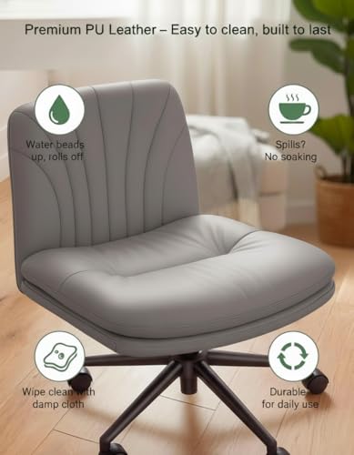 Marsail Criss Cross Office Chair with Wheels, Armless Wide Desk Chair for Active Sitting, PU Leather Cross Legged Chair for Home Office, Pet-Friendly & Easy Clean, Grey - color: Grey