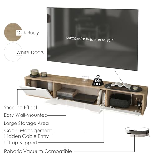 Atelier Mobili Floating TV Stand for Up to 80 Inch TVs – Wall Mounted Media Console with Handle-Free Doors – Modern Entertainment Center with Hidden Storage – White and Oak Finishes (Oak/White) - color: Oak / White