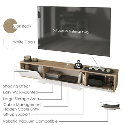 Atelier Mobili Floating TV Stand for Up to 80 Inch TVs – Wall Mounted Media Console with Handle-Free Doors – Modern Entertainment Center with Hidden Storage – White and Oak Finishes (Oak/White) - color: Oak / White