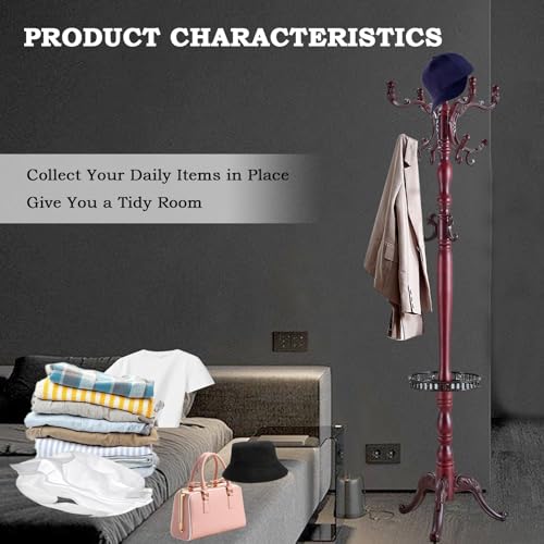Coat Racks FreeStanding with 14 Hooks, Natural Wood Coat Rack with Solid Round Base, Adjustable Height Coat Racks, Easy Assembly for Hallway, Bedroom and Office (Reddish brown-Tray) - color: Reddish brown-Tray