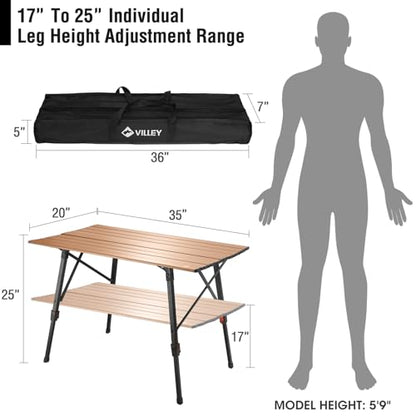 VILLEY Portable Camping Table with Adjustable Legs, Aluminum Folding Table | 100 LBS Capacity, Independent Adjustable Legs, Portable Aluminum Table with Carry Bag for BBQ & Tailgating - color: Gold