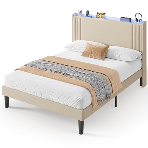 Gizoon Queen Bed Frame with Charging Station and LED Lights | Upholstered Wingback Platform Bed with Padded Headboard,Wooden Slats,Noise-Free,No Box Spring Needed, Easy Assembly,Beige - color: Beige+led, size: Queen