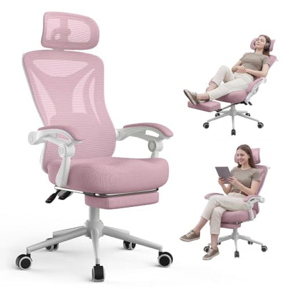 CYKOV Ergonomic Office Chair, Reclining, Footrest, Adjustable Lumbar, 350LB | 4-Way Headrest (4.72" + 60°), 2-Way Lumbar (2" + 1.18"), 90-135° Recline, Breathable Mesh, Gaming & Office, 5-Year Warranty - color: W-pink