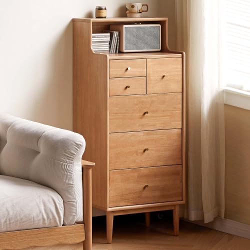 100% Solid Wood Nightstand, 6 Drawer Natural Side Table with Open Shelve, Tall Nightstand for Small Spaces, Living Room, Bedroom, Hallway(Natural, 19" W x 15" D x 47" H) - color: Natural, size: 47" H