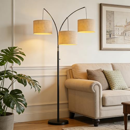 80 Inch Arc Floor Lamp with Remote Control, 3-Light Dimmable Standing Lamp | 2400LM Super Bright Tree Lamp for Living Room, Modern Tall Floor Lamp with Adjustable Arms&Weighted Base,3 LED Bulbs Included - color: Beige