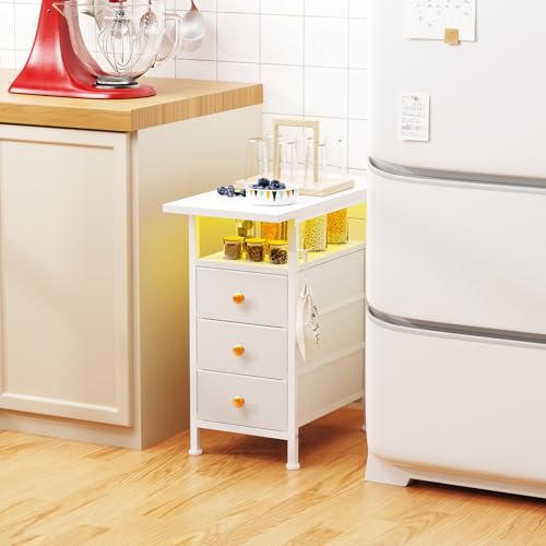 Narrow Dresser with Charging Station, Slim Dresser with 3 Fabric Drawers and Shelf, Skinny Nightstand with LED Light, Bedside Table Dresser for Bedroom, Living Room, Small Spaces, White