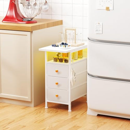 Narrow Dresser with Charging Station, Slim Dresser with 3 Fabric Drawers and Shelf, Skinny Nightstand with LED Light, Bedside Table Dresser for Bedroom, Living Room, Small Spaces, White