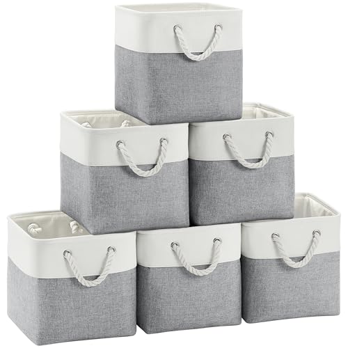 FinishingBo 11 inch Cube Storage Bin with Handles 6 Pack | Foldable Basket, Fabric Storage Bins, Closet Storage, Home Organizer (White/Grey) - color: White/Grey-6 Pack