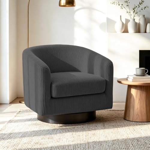 Swivel Barrel Chair, Corduroy Accent Chair, Gray | Modern Round Armchair | Comfy Upholstered Reading Seat with Removable Cushion | For Living Room, Bedroom, Office - color: Grey