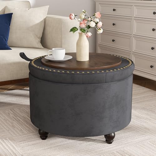 24 Inch Round Storage Ottoman,Modern Tufted Ottomans,Circular Coffee Table with Removable Top,Upholstered Large Ottoman with Storage Footrest Stool for Bedroom Living Room (Darkgrey) - color: Grey, size: 24"D x 24"W x 16.9"H
